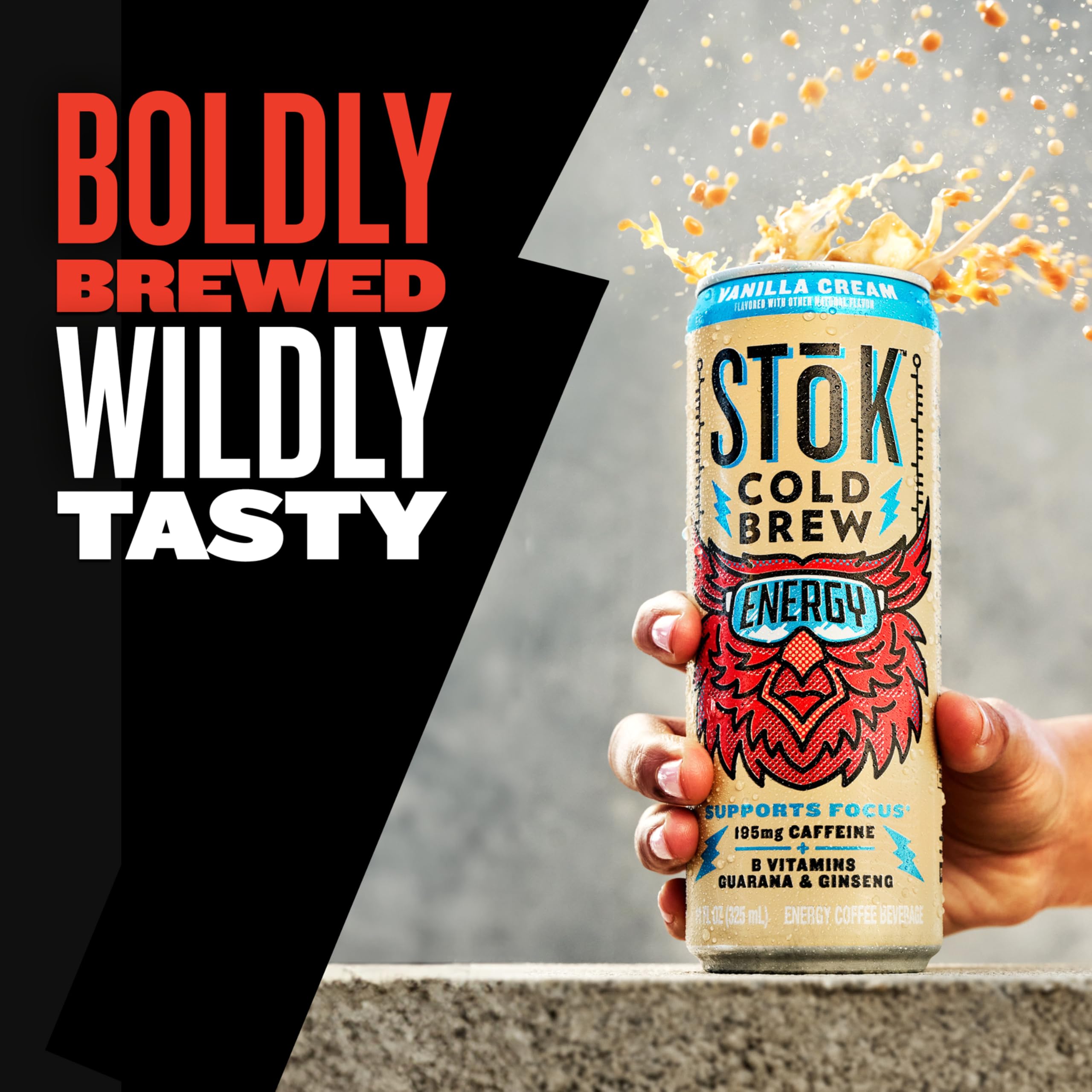 STOK Vanilla Cream Cold Brew glass angled shows creamy vanilla finish.