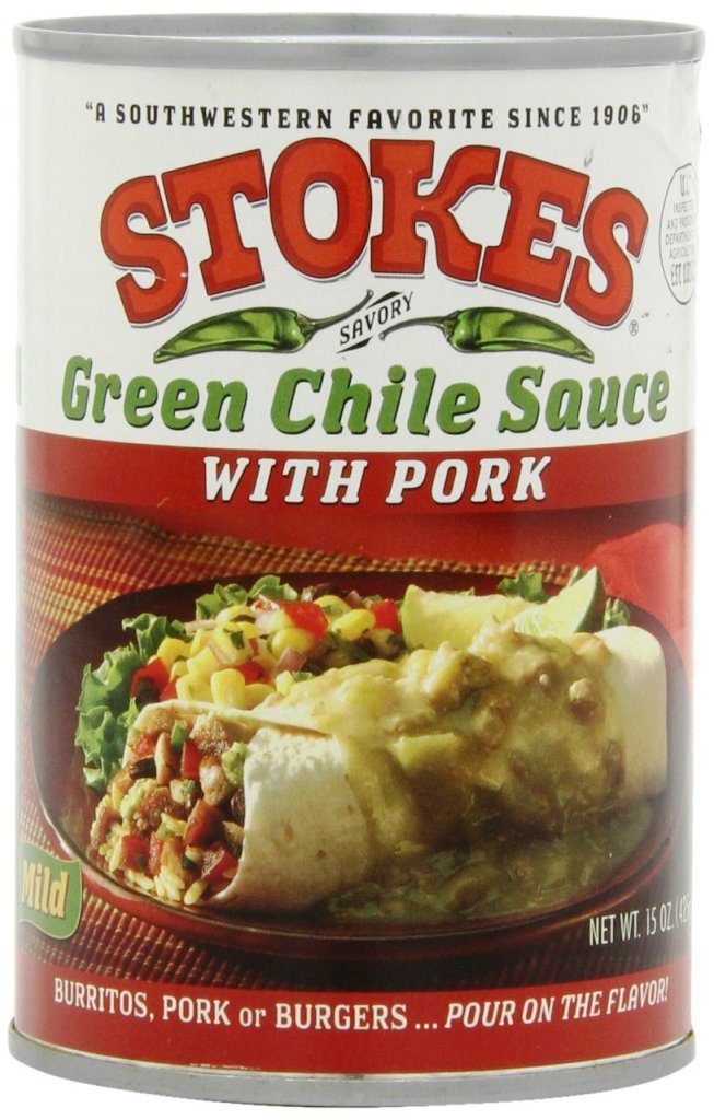 Stokes Green Chile Sauce with Pork bottle pour, ideal for tacos and enchiladas.