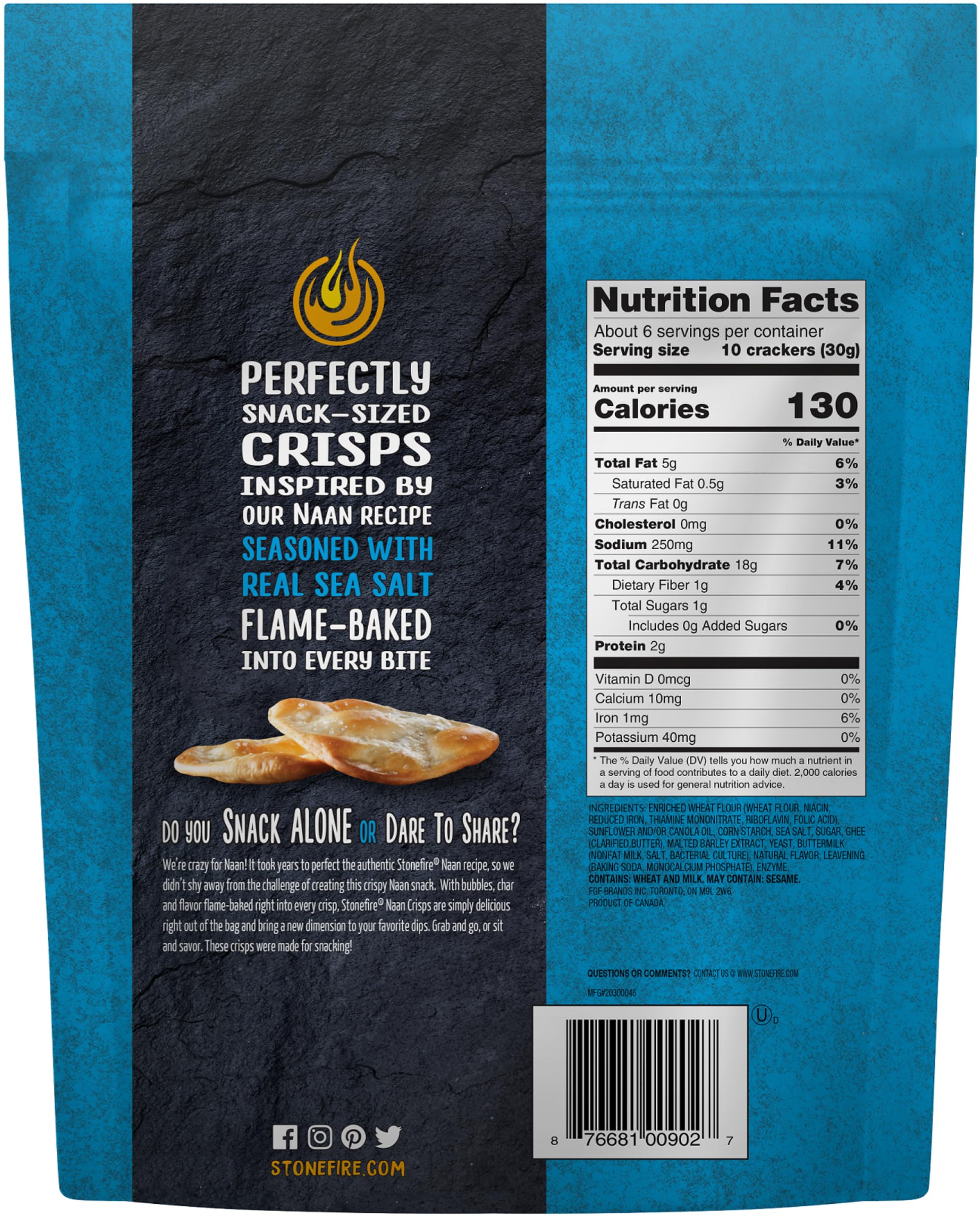 Stonefire Sea Salt Naan Crisps bag close-up flame-baked flavor you can see