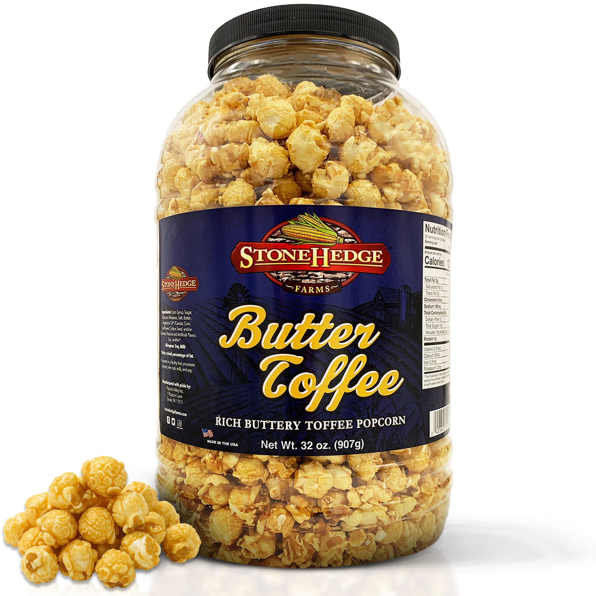 Stonehedge Farms Butter Toffee Popcorn tub close-up for family movie nights
