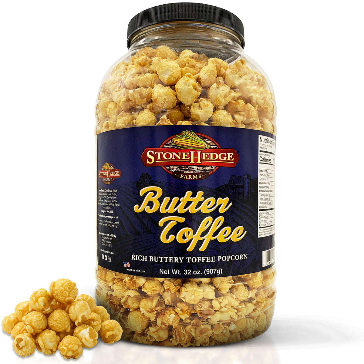 Stonehedge Farms Butter Toffee Popcorn tub close-up for family movie nights