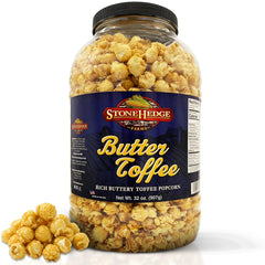 Stonehedge Farms Butter Toffee Popcorn tub close-up for family movie nights