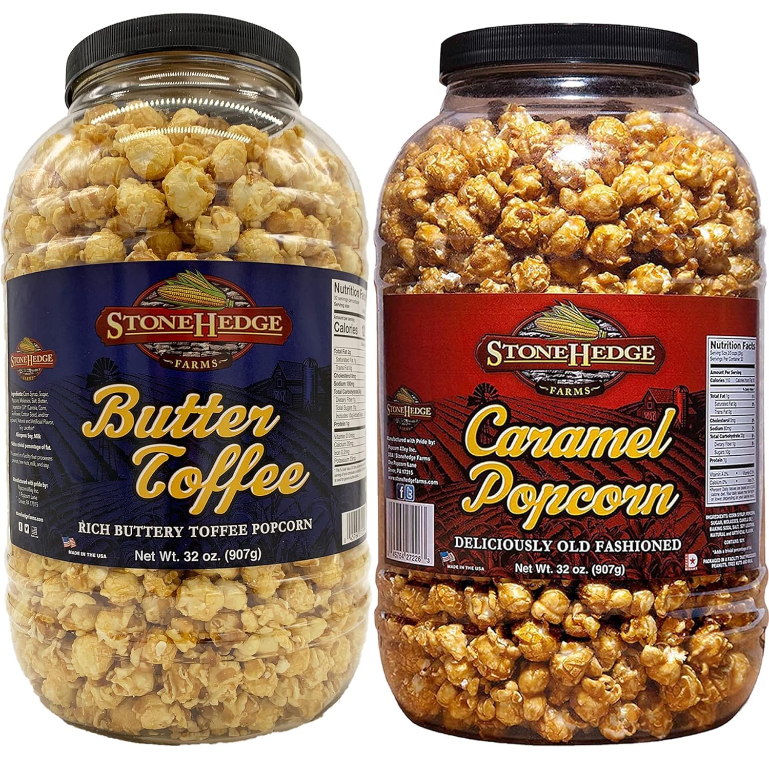 Stonehedge Farms caramel popcorn tub—glossy glaze, ideal for family snacking.
