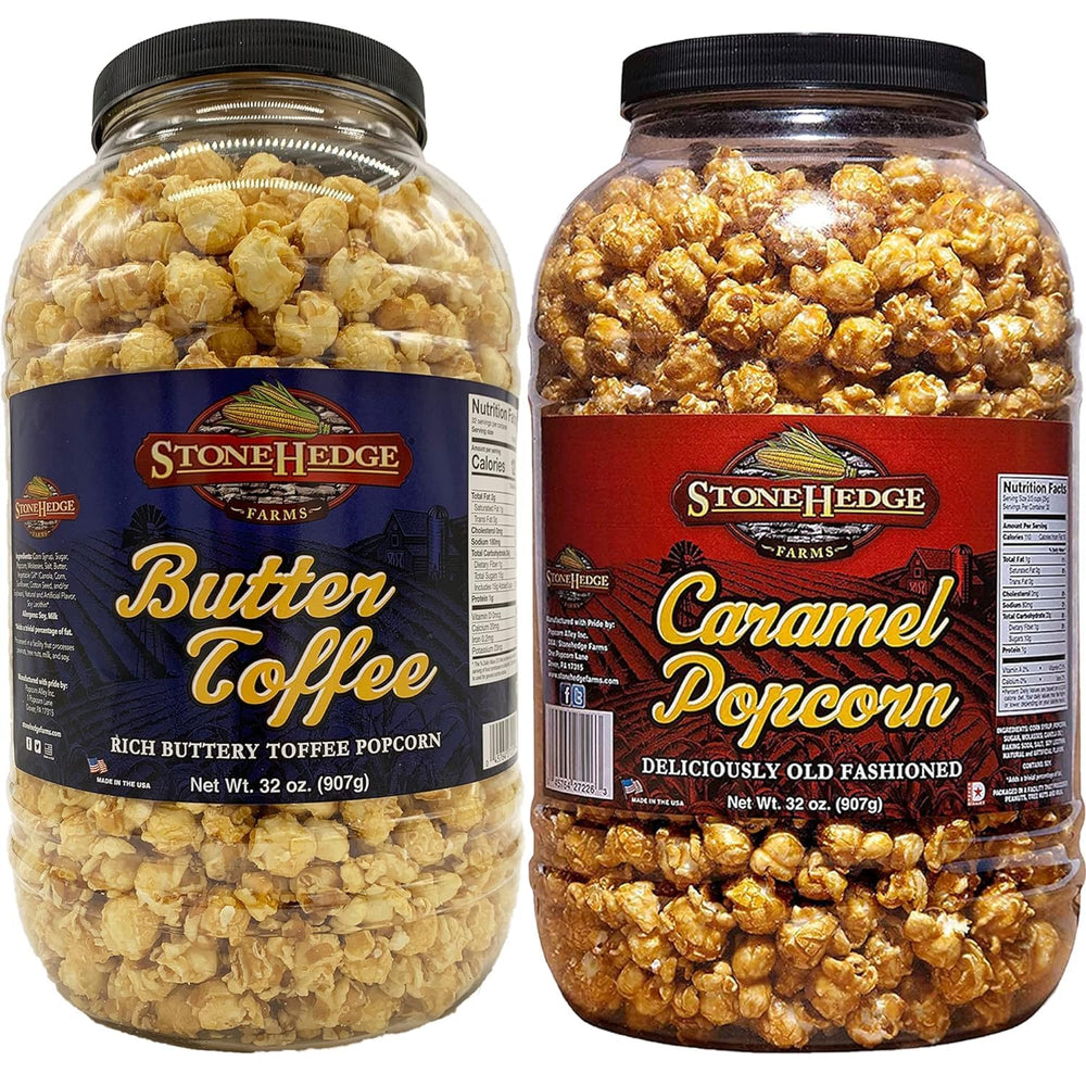 Stonehedge Farms caramel popcorn tub—glossy glaze, ideal for family snacking.
