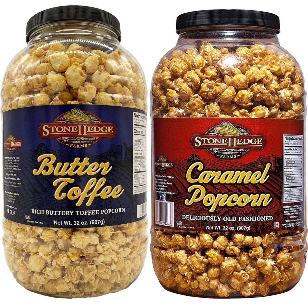 Stonehedge Farms caramel popcorn tub—glossy glaze, ideal for family snacking.