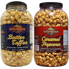 Stonehedge Farms caramel popcorn tub—glossy glaze, ideal for family snacking.