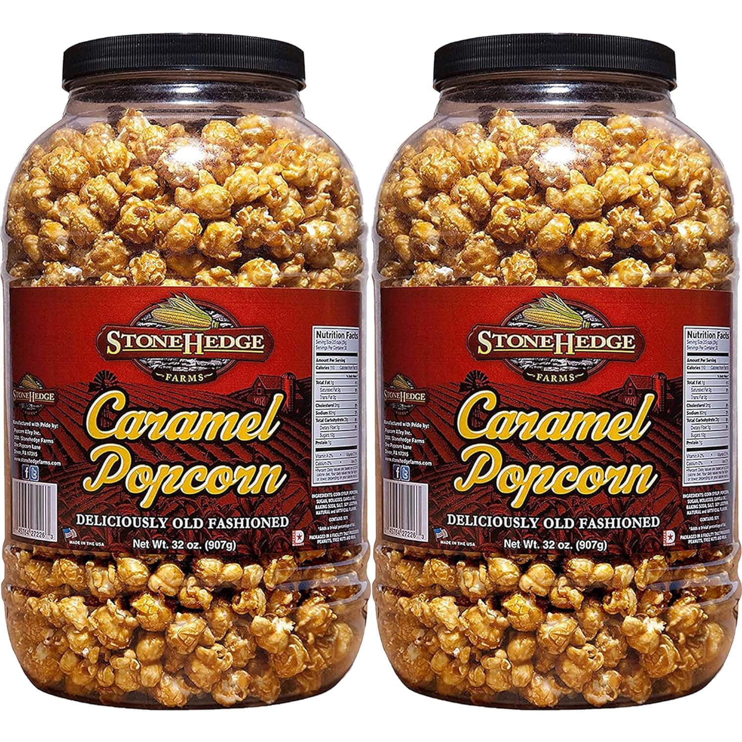 Stonehedge Farms caramel popcorn tub closeup with buttery coating and crisp texture for sharing