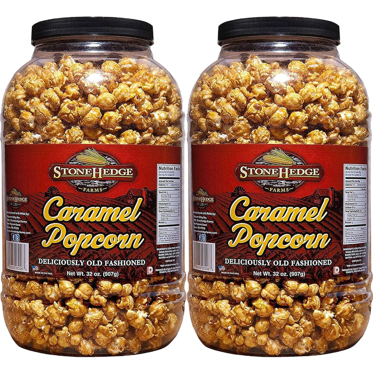 Stonehedge Farms caramel popcorn tub closeup with buttery coating and crisp texture for sharing