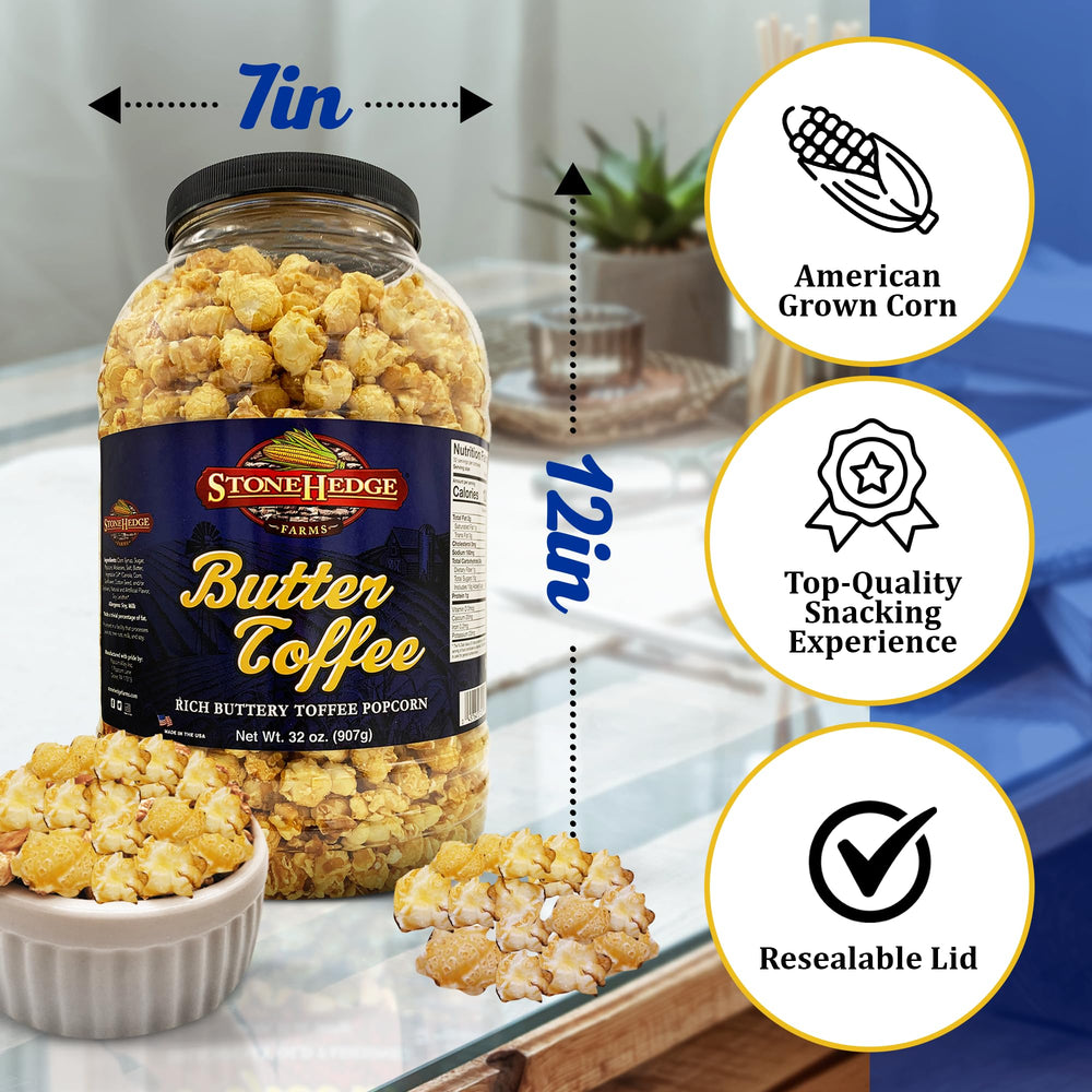 Stonehedge Farms Butter Toffee Popcorn on a coffee table during movie night