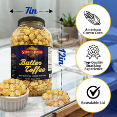 Stonehedge Farms Butter Toffee Popcorn on a coffee table during movie night