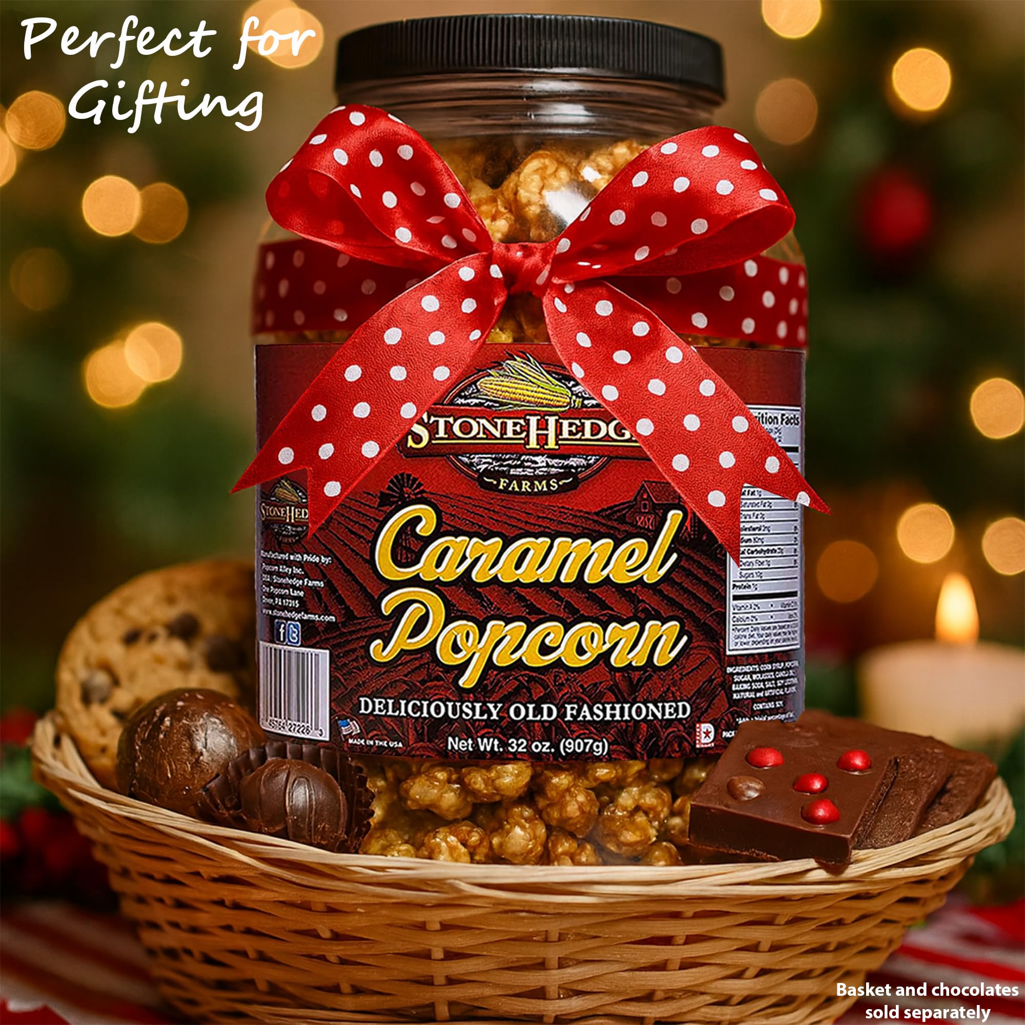 Stonehedge Farms reclosable barrel design keeps popcorn fresh between servings