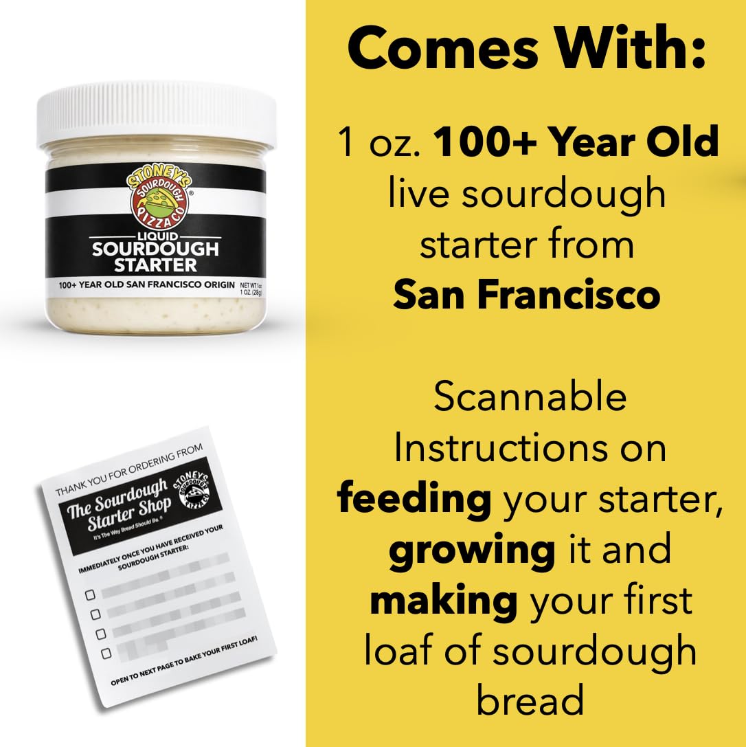 Stoney's Sourdough Starter with QR instruction label guiding beginners.