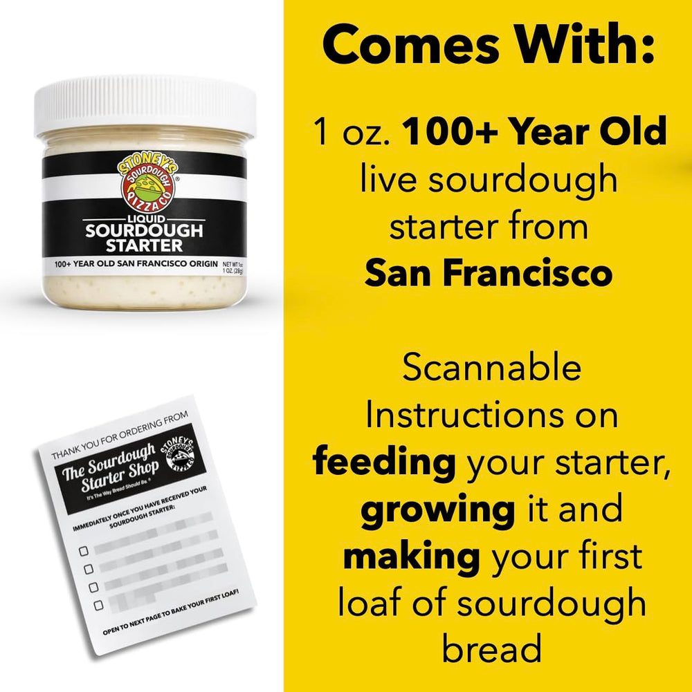 Stoney's Sourdough Starter with QR instruction label guiding beginners.