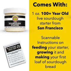 Stoney's Sourdough Starter with QR instruction label guiding beginners.