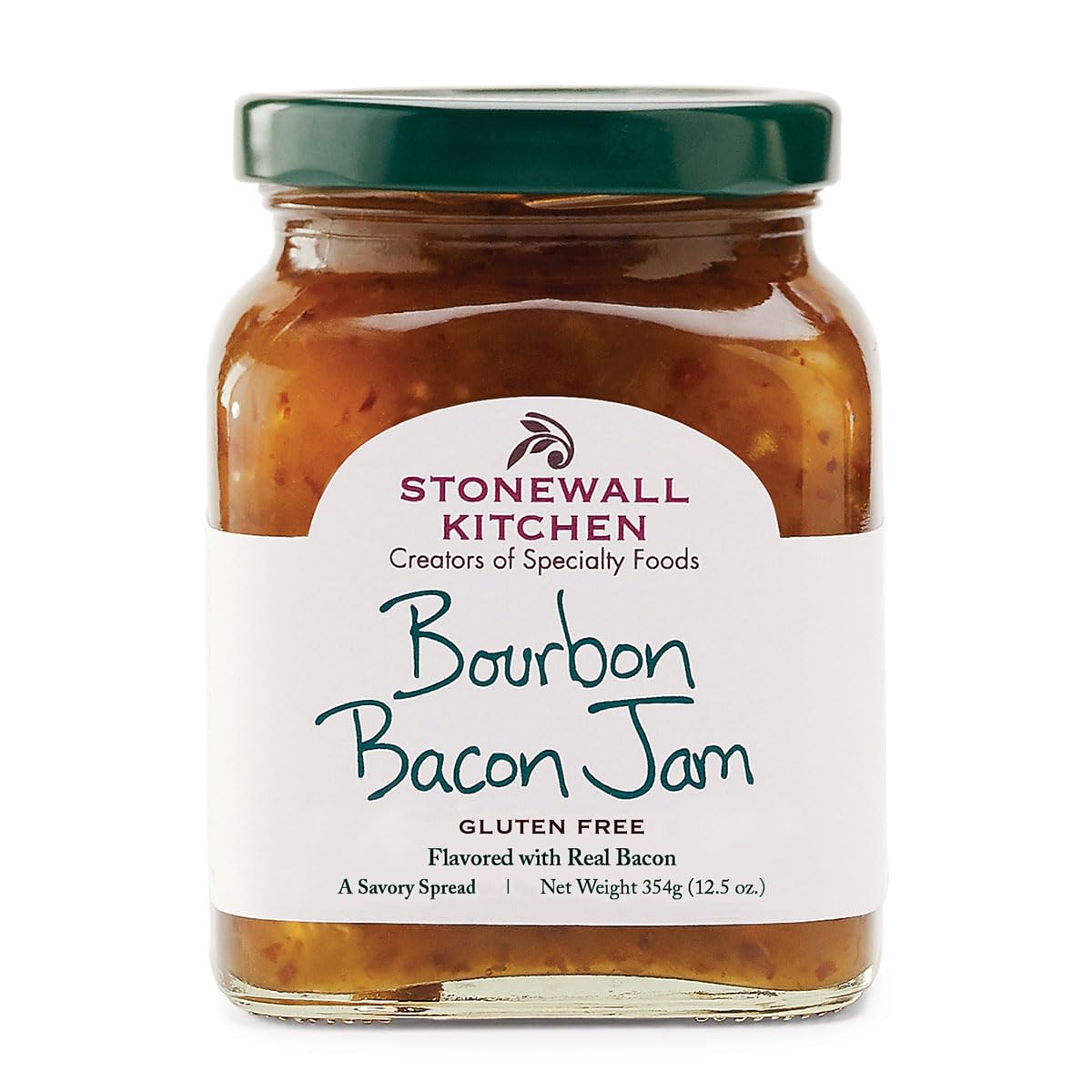 Stonewall Kitchen Bourbon Bacon Jam bottle showing bacon bits for a savory glaze