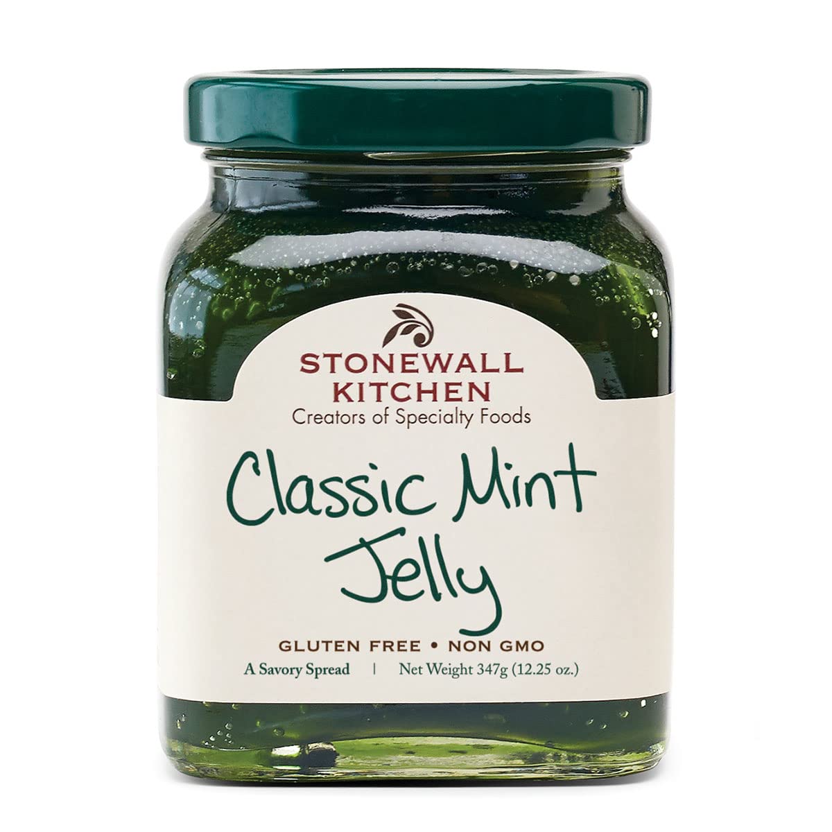 Stonewall Kitchen mint jelly jar front view for cheese boards and appetizers.