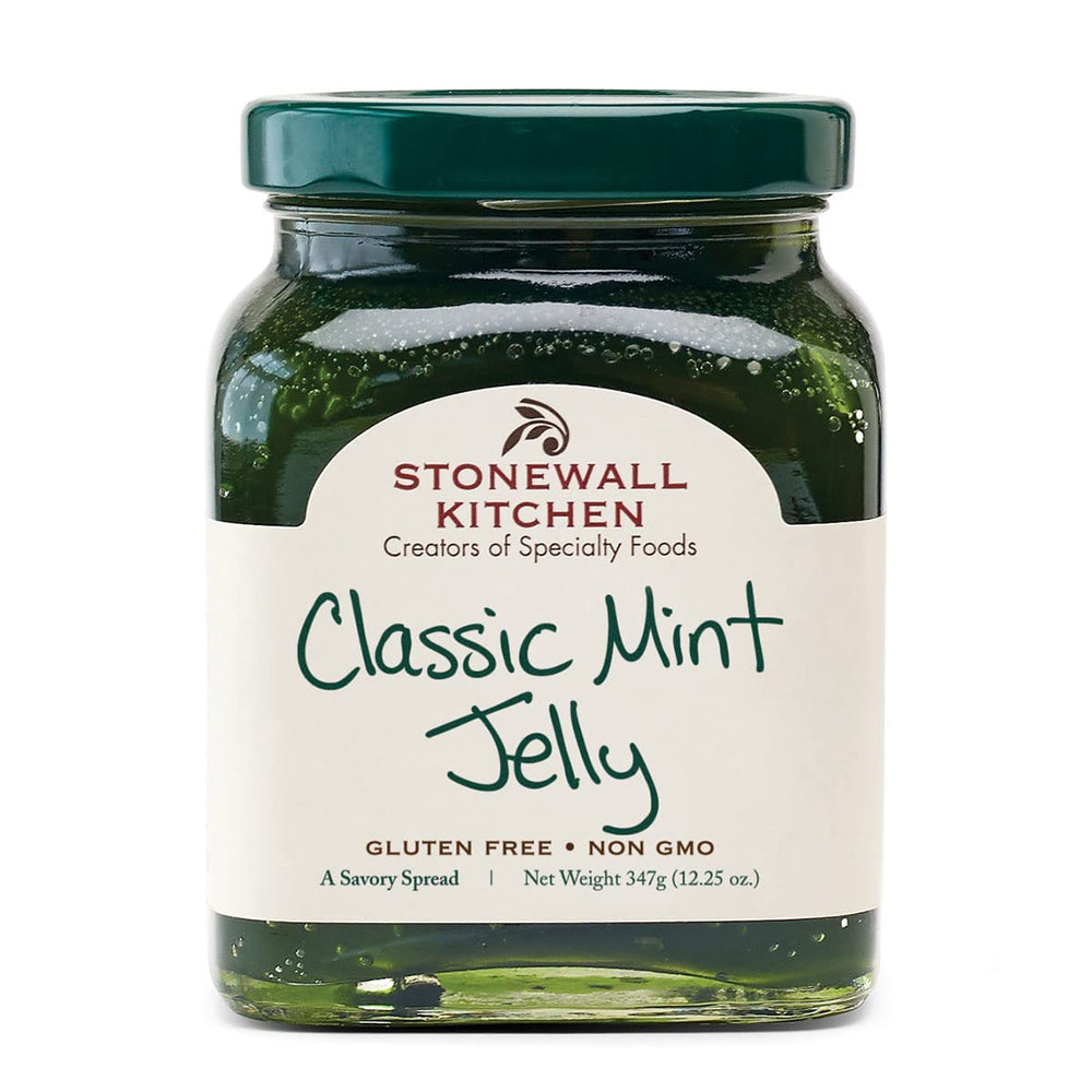 Stonewall Kitchen mint jelly jar front view for cheese boards and appetizers.
