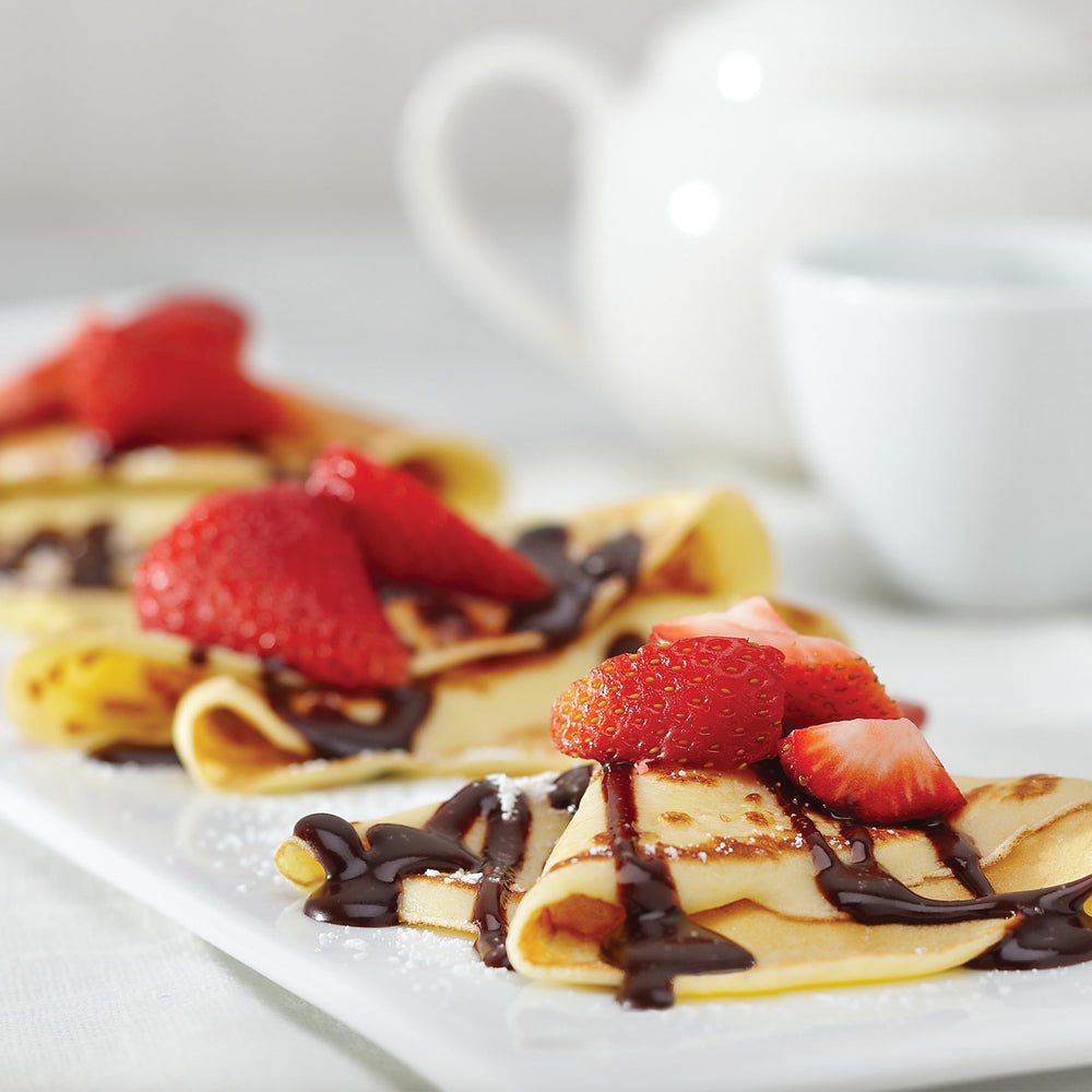 Stonewall Kitchen dessert crepes with chocolate and strawberries.