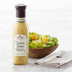 Close-up of Stonewall Kitchen dressing highlighting sesame and ginger flavors for Asian-inspired meals.
