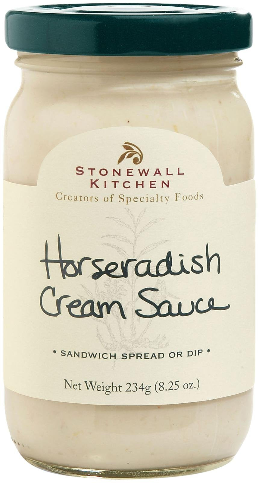 Stonewall Kitchen Horseradish Cream Sauce bottle—8.25 oz, great for roast beef sandwiches.