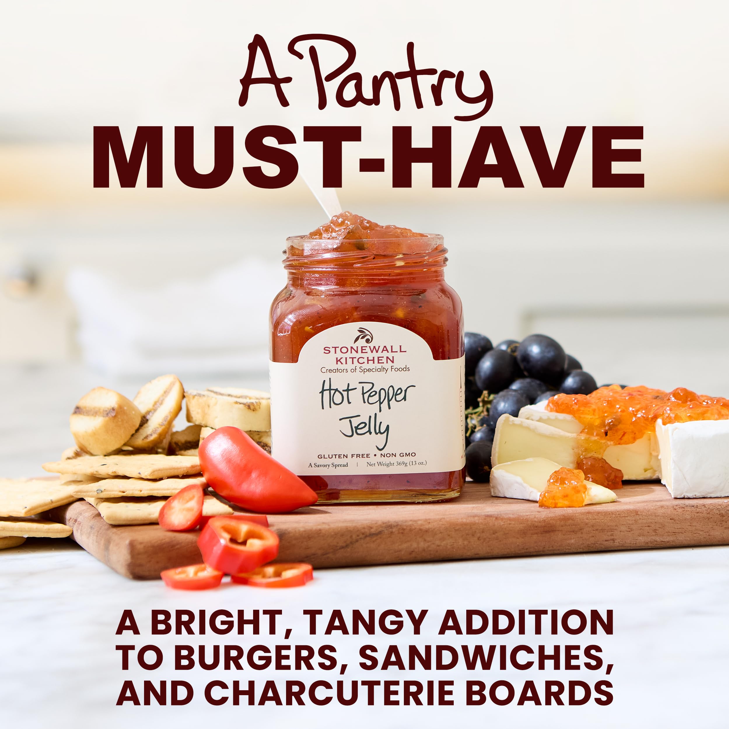 Stonewall Kitchen Hot Pepper Jelly on crackers with cream cheese