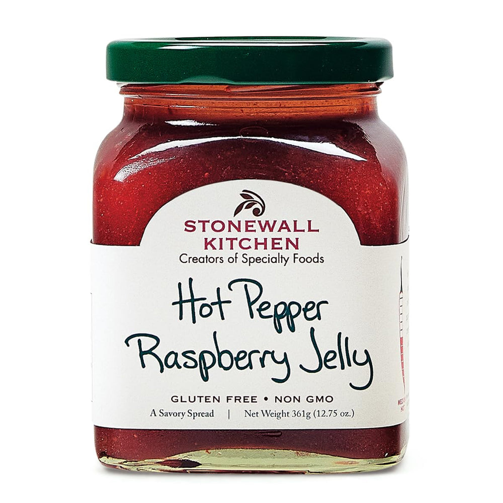 Stonewall Kitchen Hot Pepper Raspberry Jelly jar closeup—bold fruit flavor for cheese boards