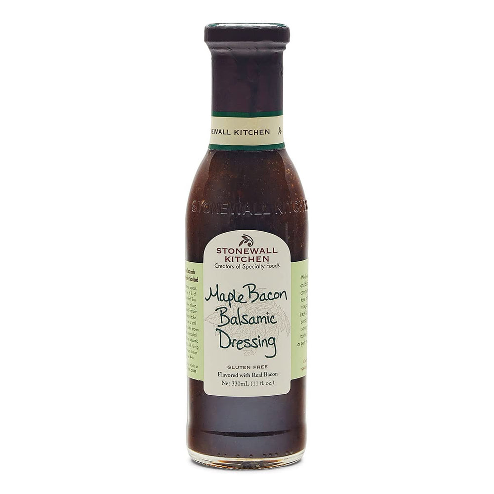 Stonewall Kitchen Maple Bacon Balsamic Dressing bottle close-up with label, ideal for pantry-ready meals.