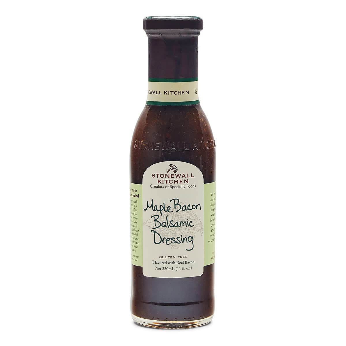 Stonewall Kitchen Maple Bacon Balsamic Dressing bottle close-up with label, ideal for pantry-ready meals.