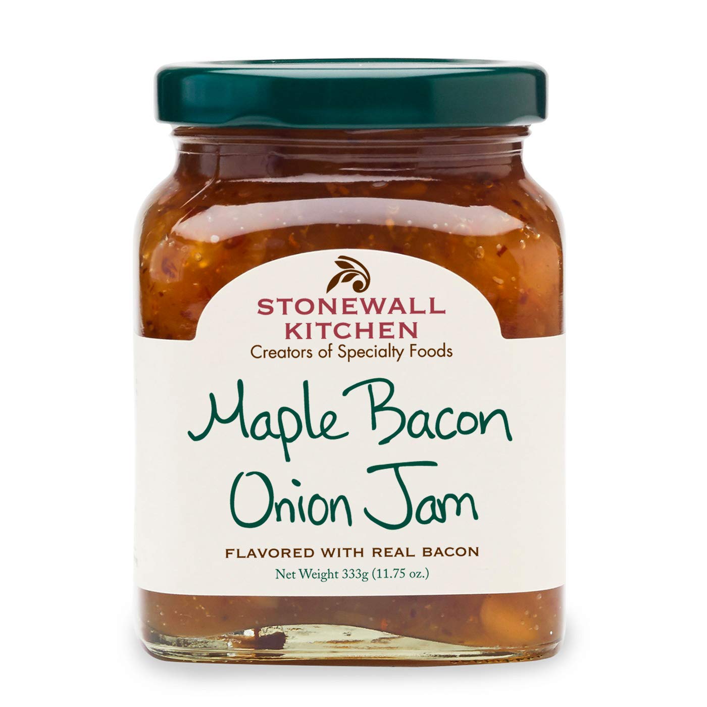 Stonewall Kitchen Maple Bacon Onion Jam bottle pour, glossy savory glaze for burgers