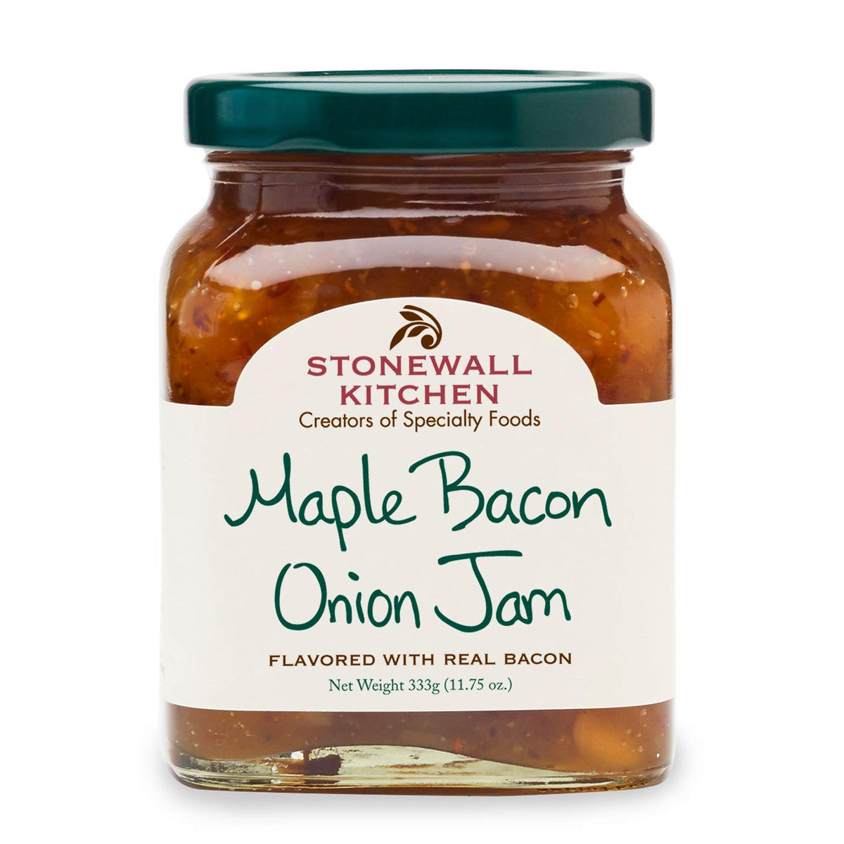 Stonewall Kitchen Maple Bacon Onion Jam bottle pour, glossy savory glaze for burgers