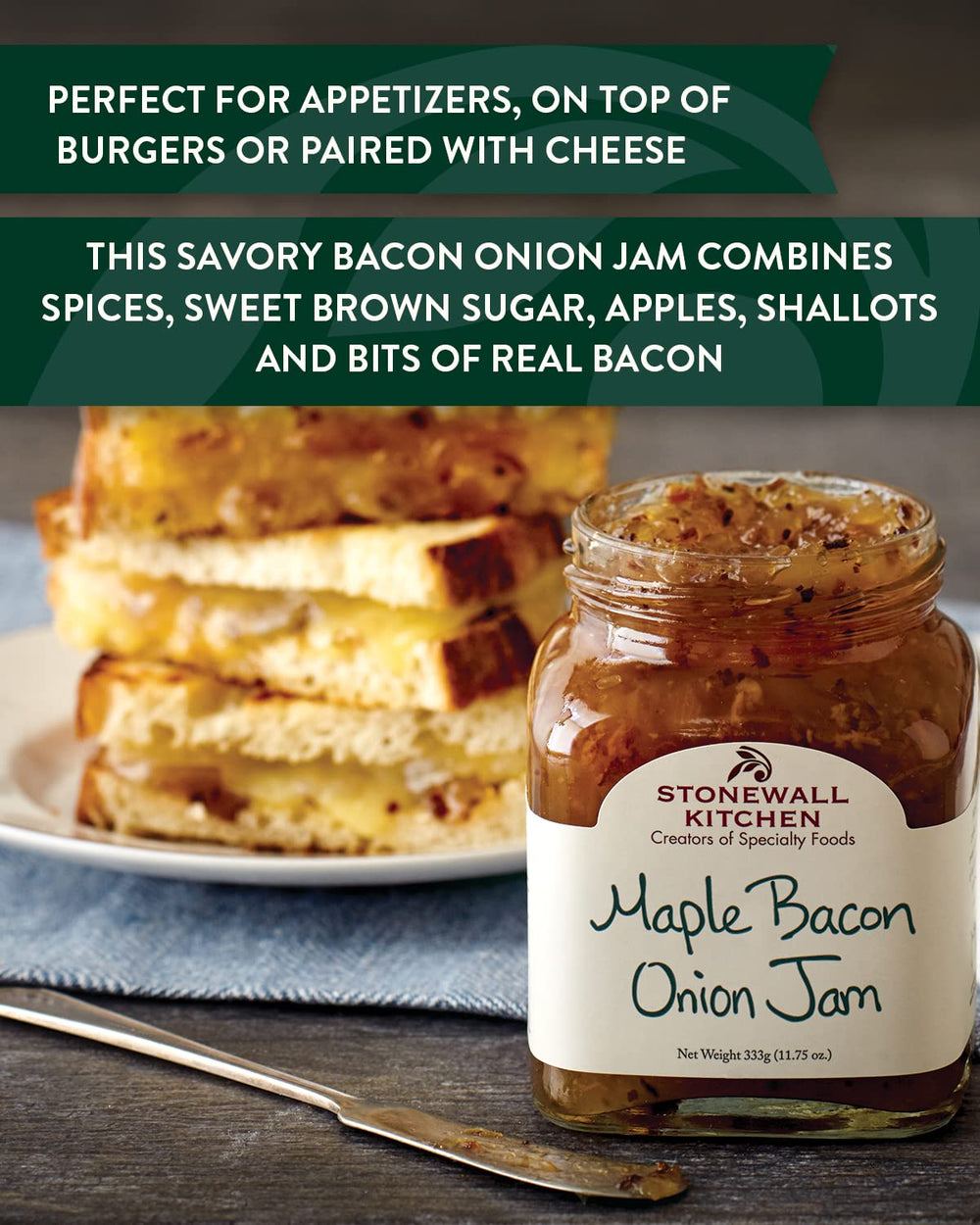 Stonewall Kitchen Maple Bacon Onion Jam jar closeup, rich maple and bacon flavors