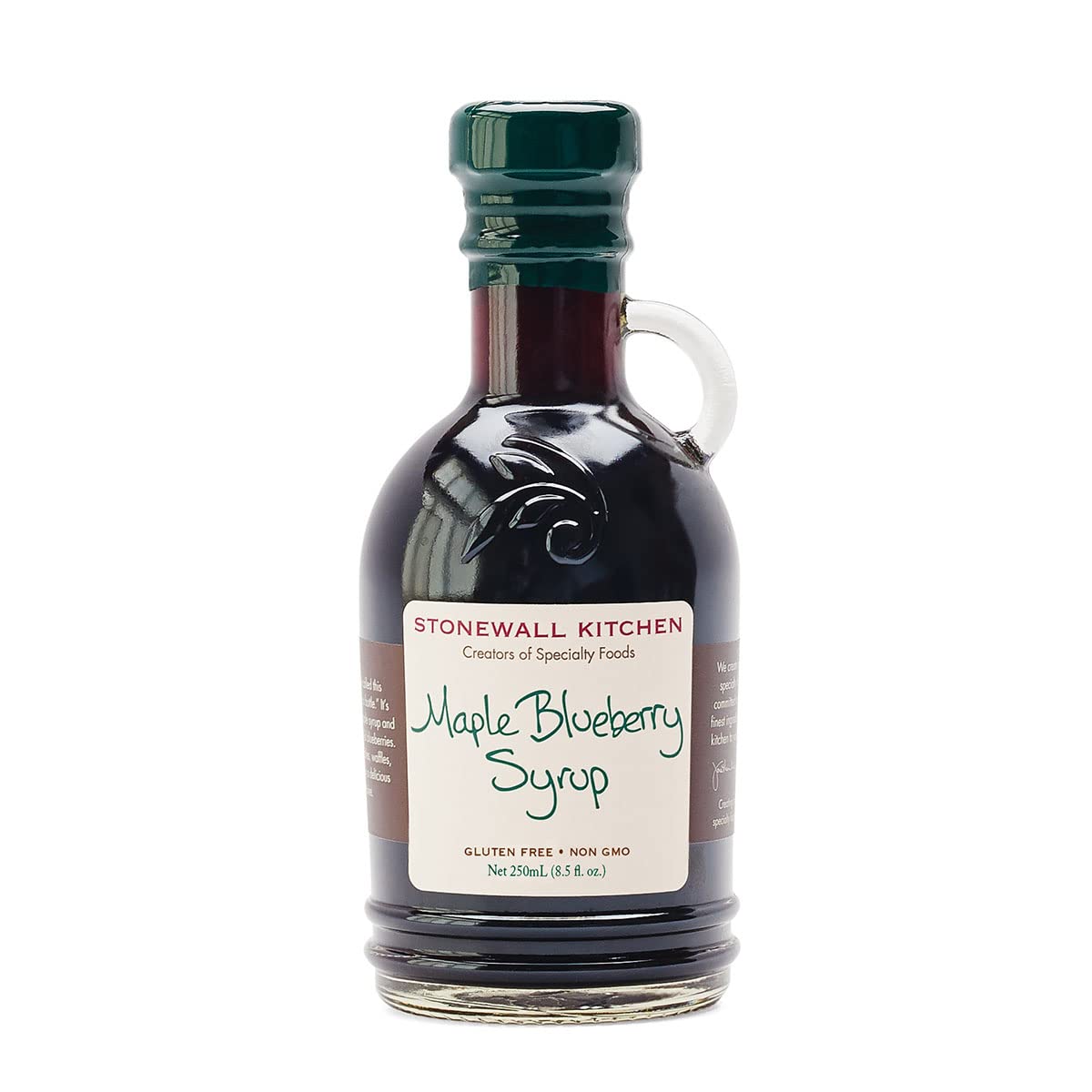 Stonewall Kitchen Maple Blueberry Syrup bottle highlighting rich maple and wild blueberries.
