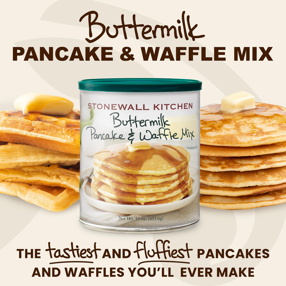 Stonewall Kitchen mixing bowl with batter signals easy breakfast prep.