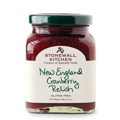 Stonewall Kitchen New England Cranberry Relish 12oz bottle on counter, ready to elevate holiday meals.