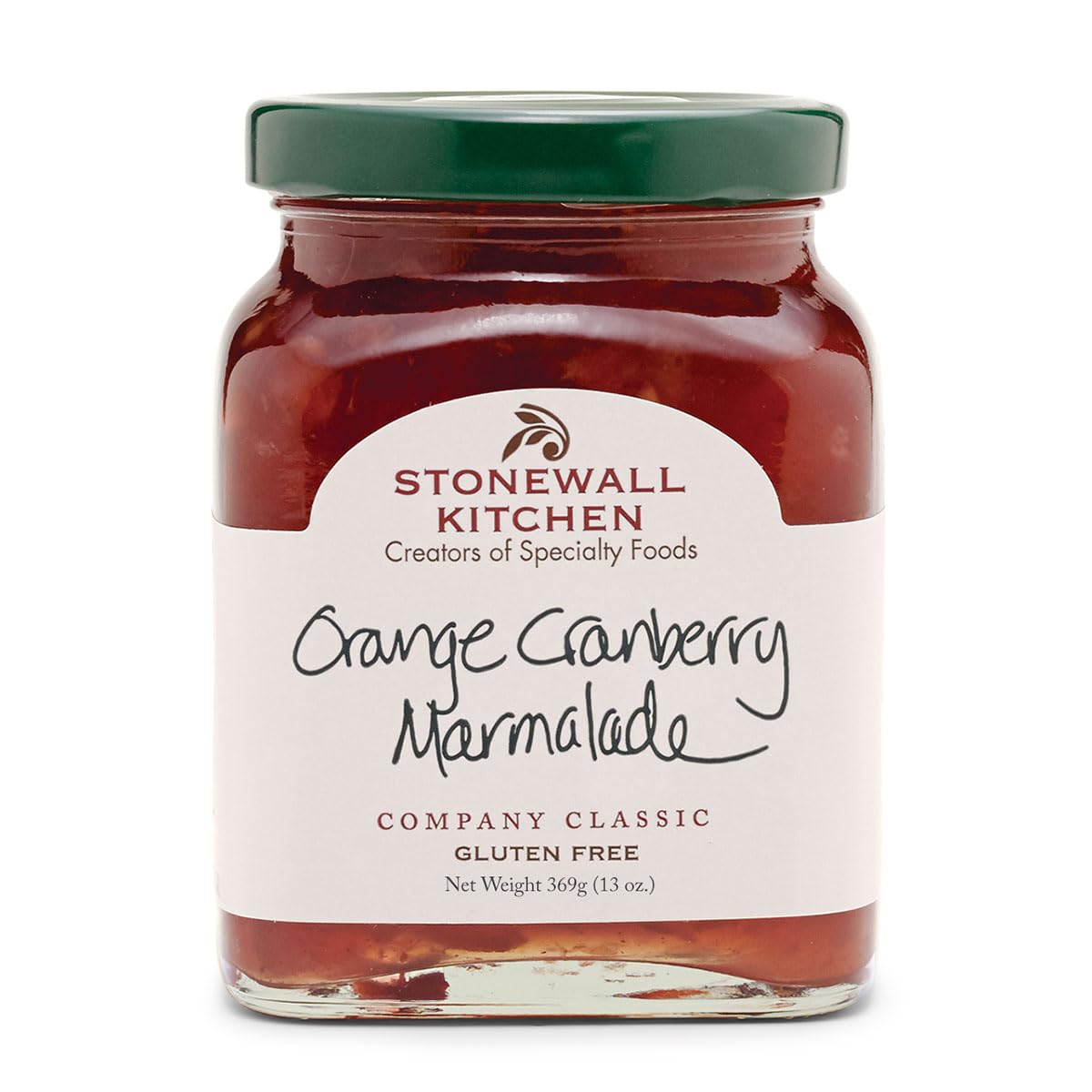 Stonewall Kitchen orange cranberry marmalade jar on counter, ideal for breakfast.