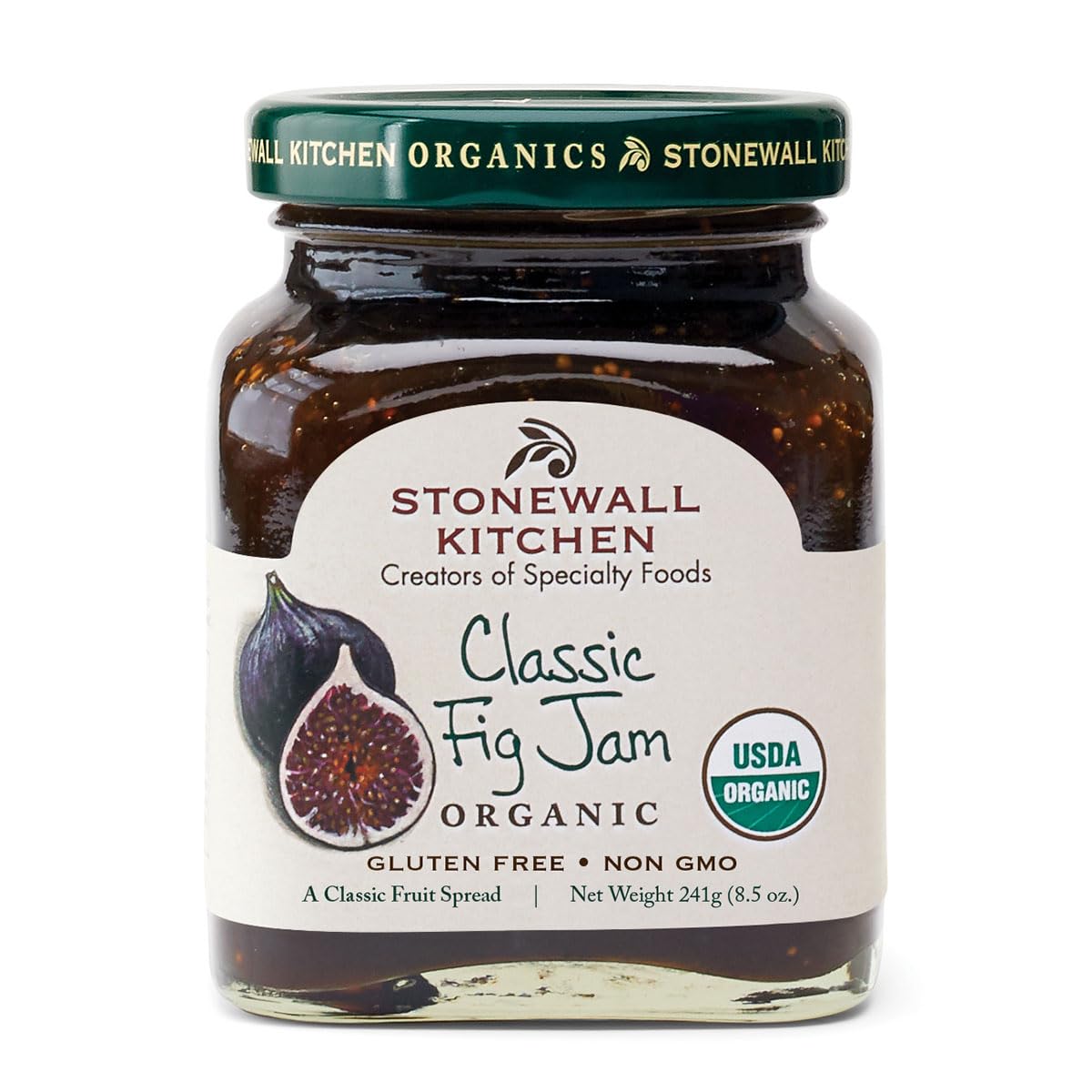 Stonewall Kitchen Organic Classic Fig Jam jar on a clean label, signaling premium ingredients.