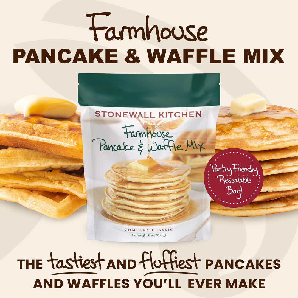 Stonewall Kitchen fluffy pancake stack ready to serve with maple syrup.