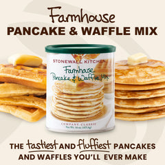 Golden pancakes with vanilla aroma made with Stonewall Kitchen mix.