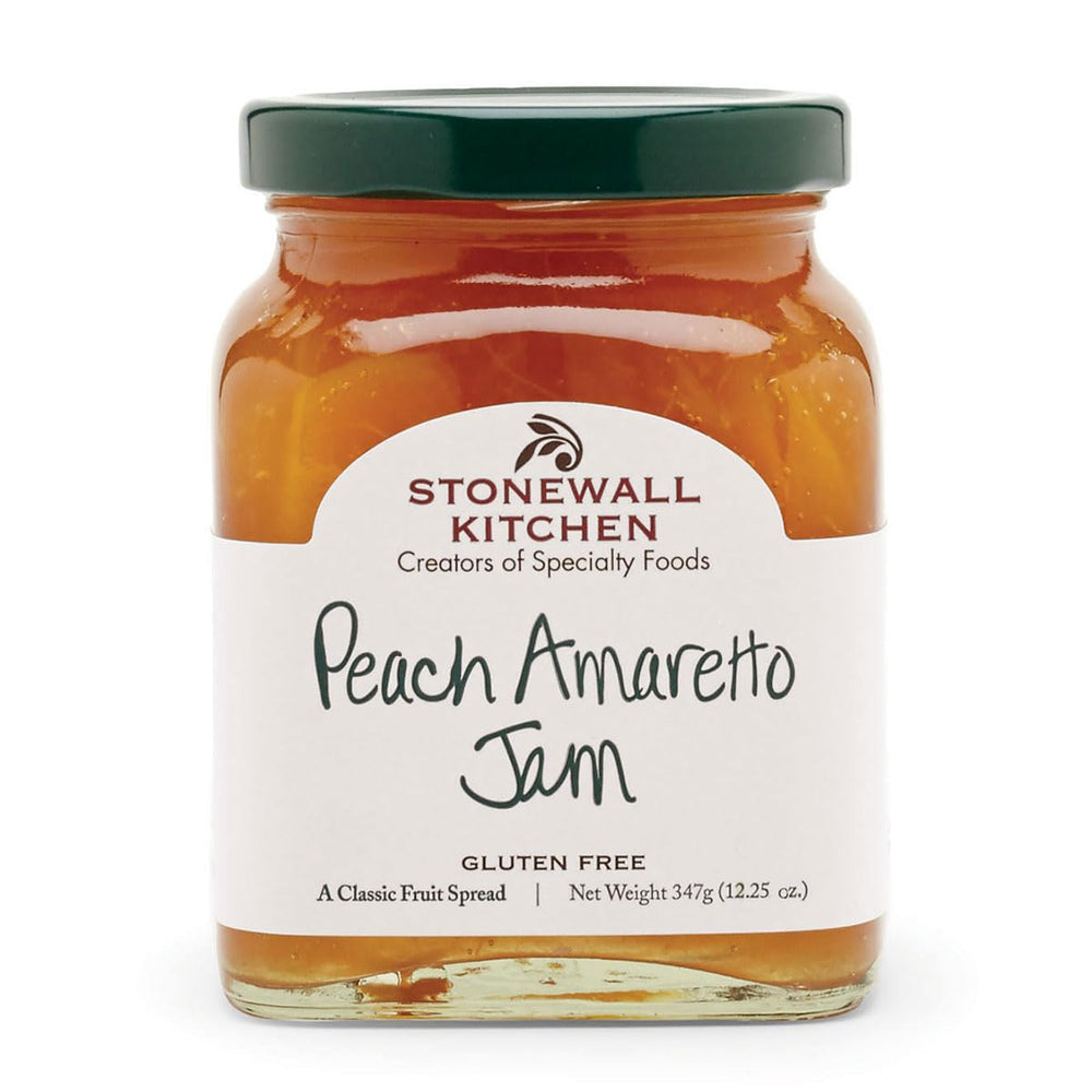 Stonewall Kitchen Peach Amaretto Jam jar showing ripe peaches and almond notes for toasts