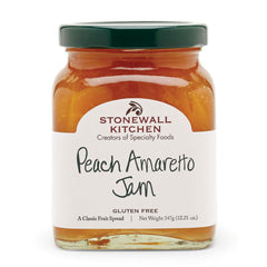 Stonewall Kitchen Peach Amaretto Jam jar showing ripe peaches and almond notes for toasts