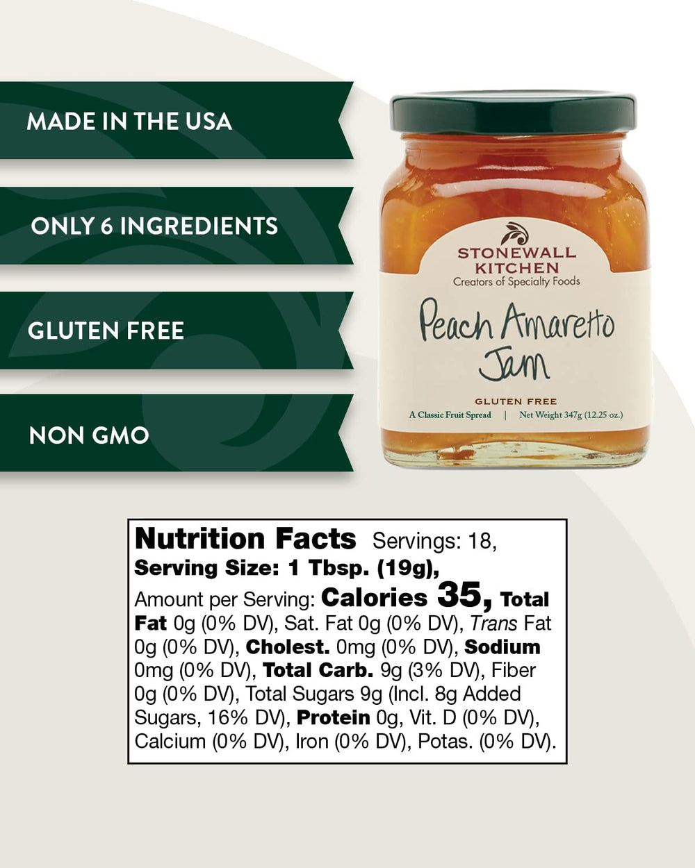 Stonewall Kitchen Peach Amaretto Jam open jar with glossy fruit glaze