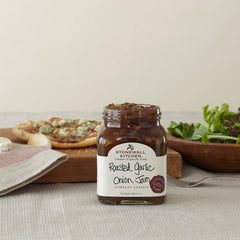 Stonewall Kitchen Roasted Garlic Onion Jam bottle with cream cheese pairing