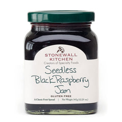 Stonewall Kitchen seedless black raspberry jam jar front highlights vibrant flavor for toast