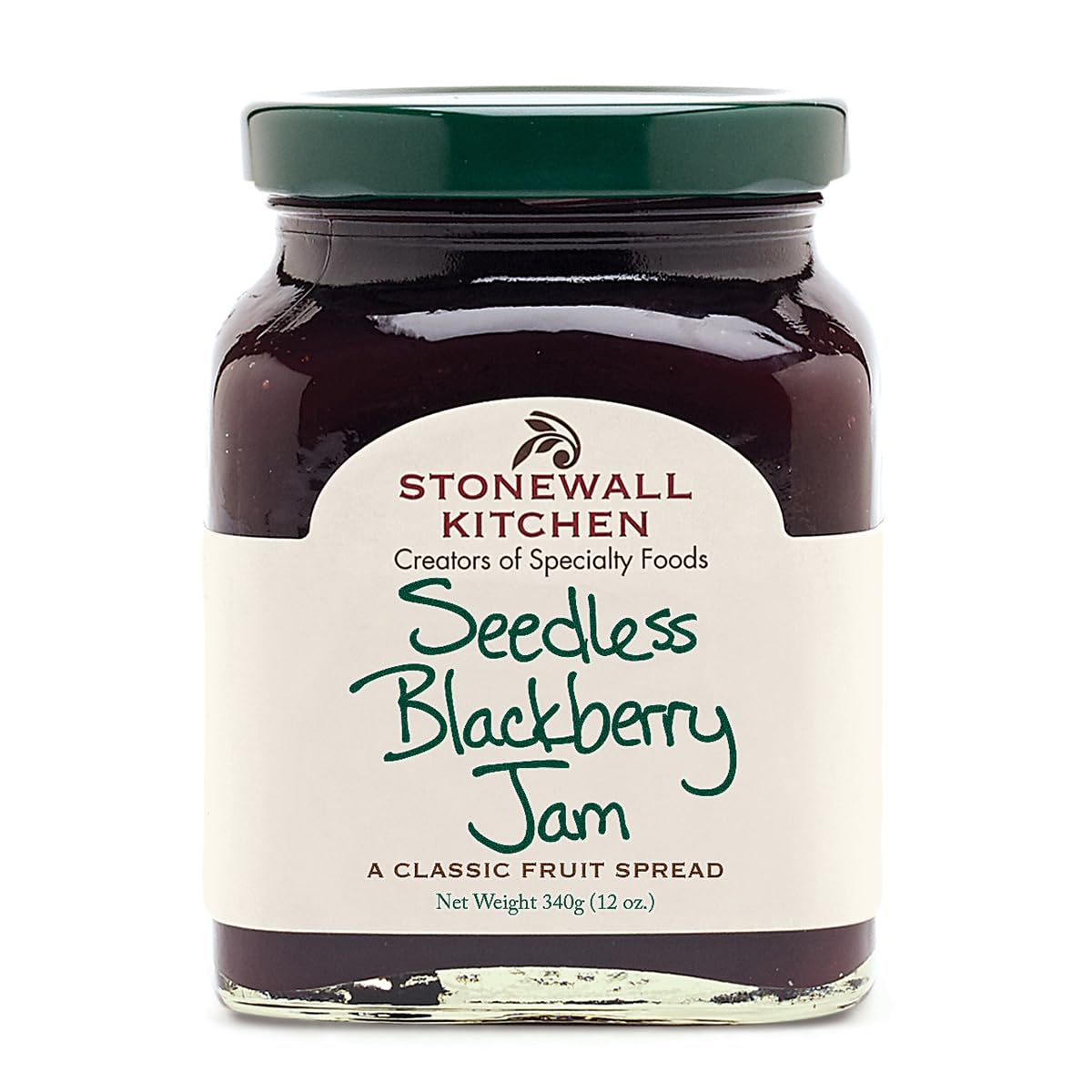 Stonewall Kitchen seedless blackberry jam bottle with rich fruit flavor for breakfast.