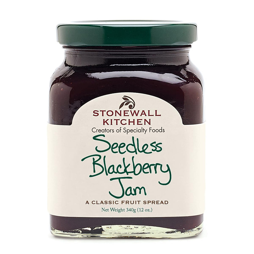 Stonewall Kitchen seedless blackberry jam bottle with rich fruit flavor for breakfast.