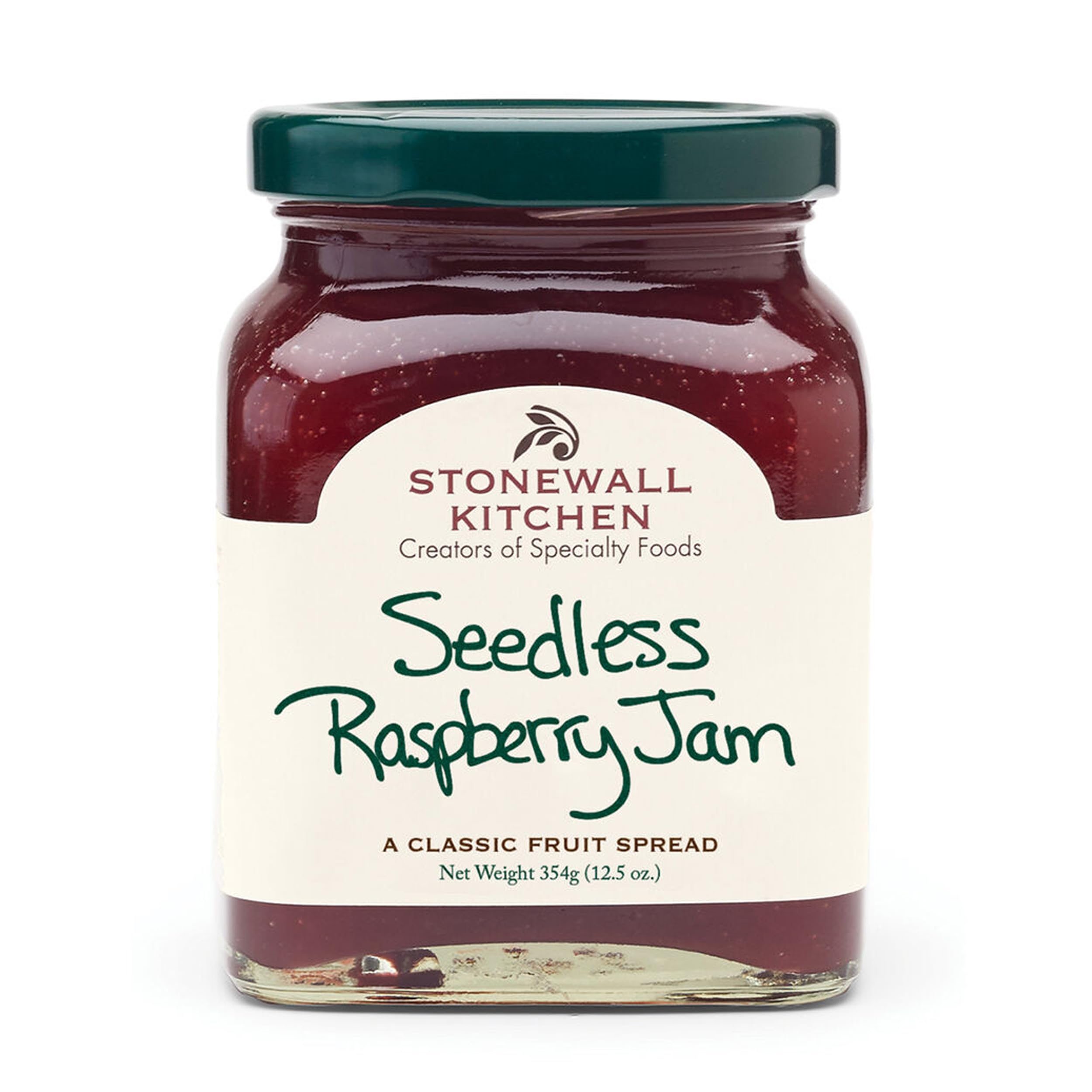 Stonewall Kitchen Seedless Raspberry Jam jar highlights premium berry flavor for everyday breakfasts.