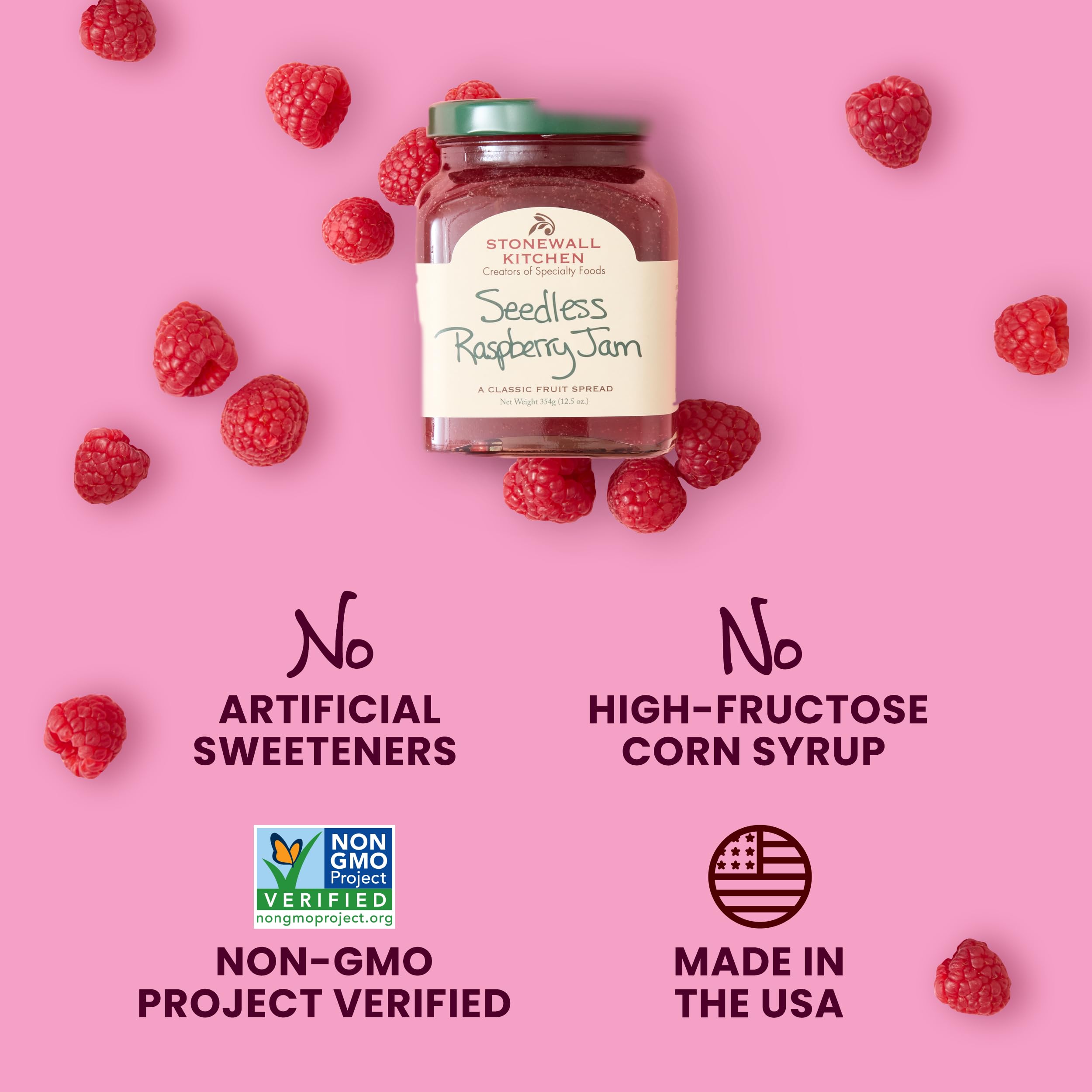 Stonewall Kitchen Seedless Raspberry Jam in a bowl shows ready-to-use jam for recipes.