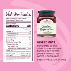 Stonewall Kitchen Seedless Raspberry Jam jar closeup showcases glossy texture ideal for spreading.