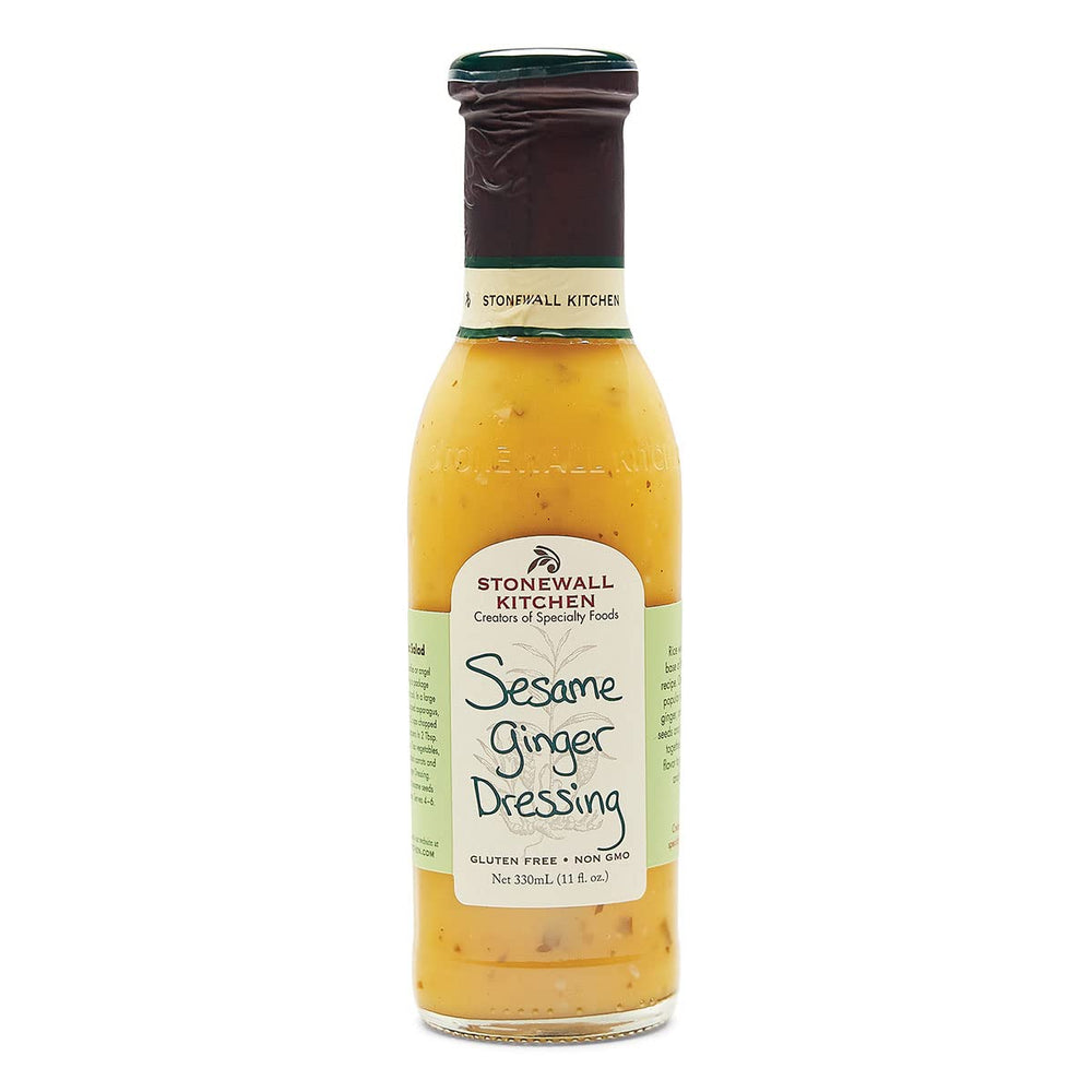 Stonewall Kitchen Sesame Ginger Dressing bottle on a counter, premium flavor ready to elevate salads.