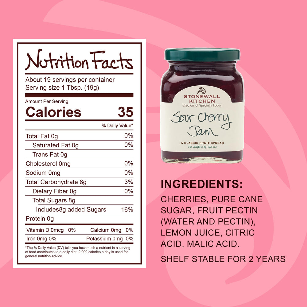 Stonewall Kitchen Sour Cherry Jam close-up with cherries, vibrant texture ideal for toasts.